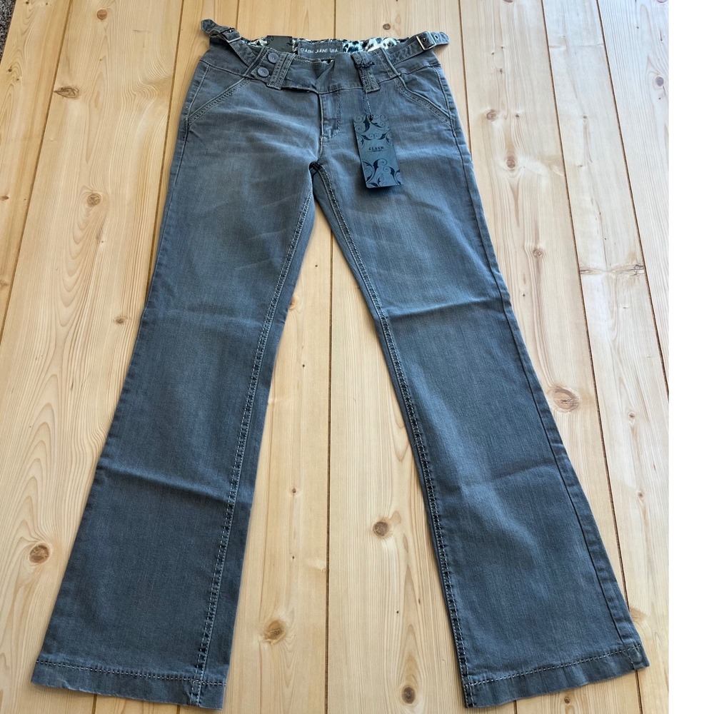 Clash Jeans USA Gray Low Rise Flare Denim Pants Y2K Animal Print‎ Trim LP5199 13